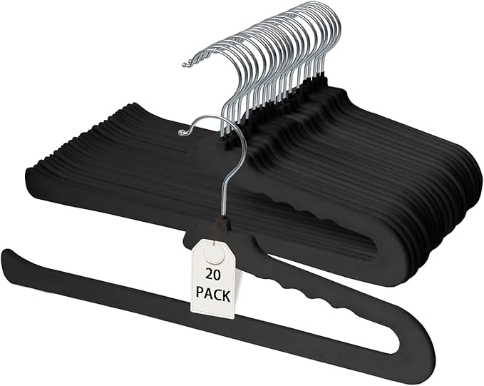 ManGotree Non Slip Velvet Pants Hangers, Open Ended Felt Jean Hangers for Closet Organizer, Heavy Duty Space Saving for Trousers, Slacks, Shorts, Dress, Scarf (20 Pack, Black)