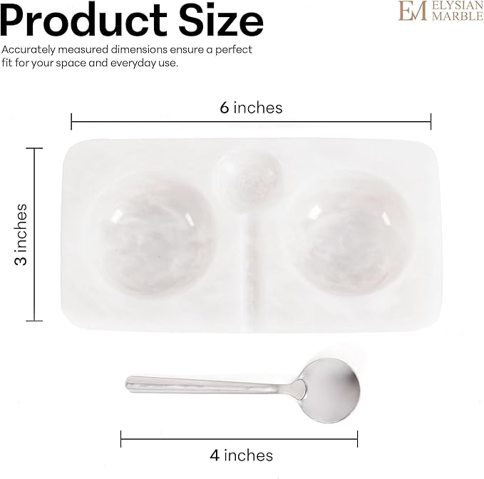 Marble Salt and Pepper Dish with Spoon, Handcrafted Double Spice Tray with 2 Compartments, Natural Stone Condiment Dish for Cooking Prep and Serving - White