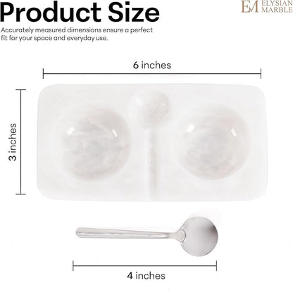 Marble Salt and Pepper Dish with Spoon, Handcrafted Double Spice Tray with 2 Compartments, Natural Stone Condiment Dish for Cooking Prep and Serving - White