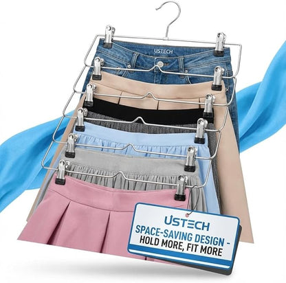 USTECH 6 Tier Skirt Hangers with Clips | Space Saver Closet Organizer | Rust-Free Stainless Steel Pant Hangers for Pants, Shorts, Skirts | Multi Hangars Space Saving | 5 Pack