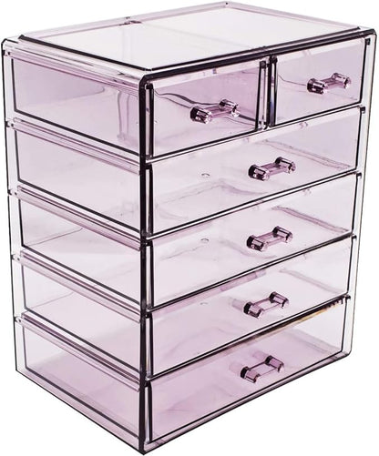 Sorbus Acrylic Makeup Organizer Set, 6-Drawer Vanity & Countertop Cosmetic Storage with Small & Wide Drawers, Purple Makeup Storage for Brushes, Lipsticks, Jewelry – Holiday Gift for Women & Teens