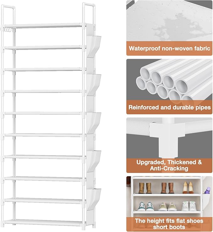 LUKYTOWER Tall Shoe Rack 10 Tier Shoe Racks Organizer for Closet 30-35Pairs,Large Capacity Storage Rack for Shoes with 5Hooks and Side Pocket,Sturdy Shoe Shelf, Vertical Shoe Stand Tower