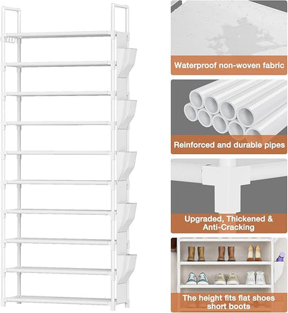 LUKYTOWER Tall Shoe Rack 10 Tier Shoe Racks Organizer for Closet 30-35Pairs,Large Capacity Storage Rack for Shoes with 5Hooks and Side Pocket,Sturdy Shoe Shelf, Vertical Shoe Stand Tower