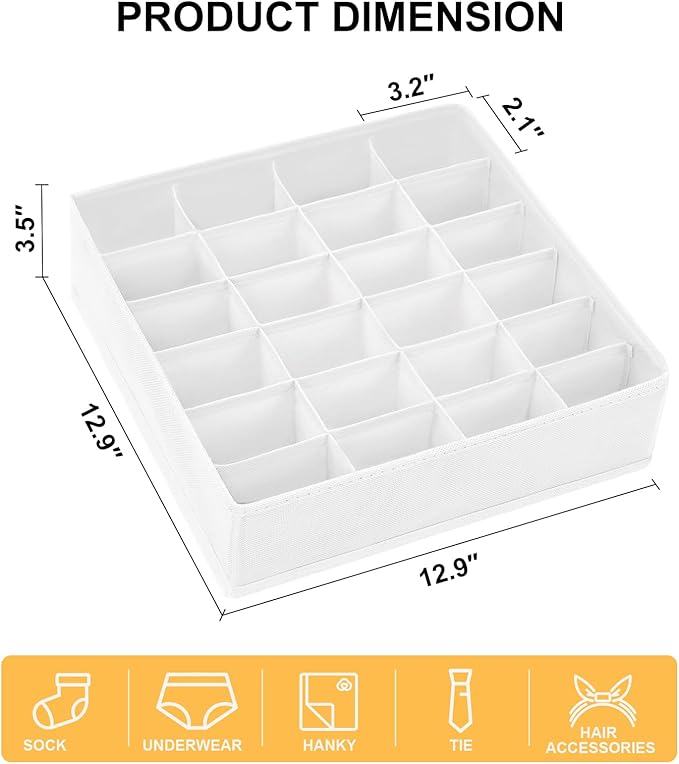 Sock Organizer 4 Pack, 24 Cell Foldable Underwear & Sock Storage, Drawer Organizer for Ties, Belts. (White)