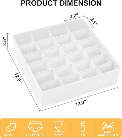 Sock Organizer 4 Pack, 24 Cell Foldable Underwear & Sock Storage, Drawer Organizer for Ties, Belts. (White)
