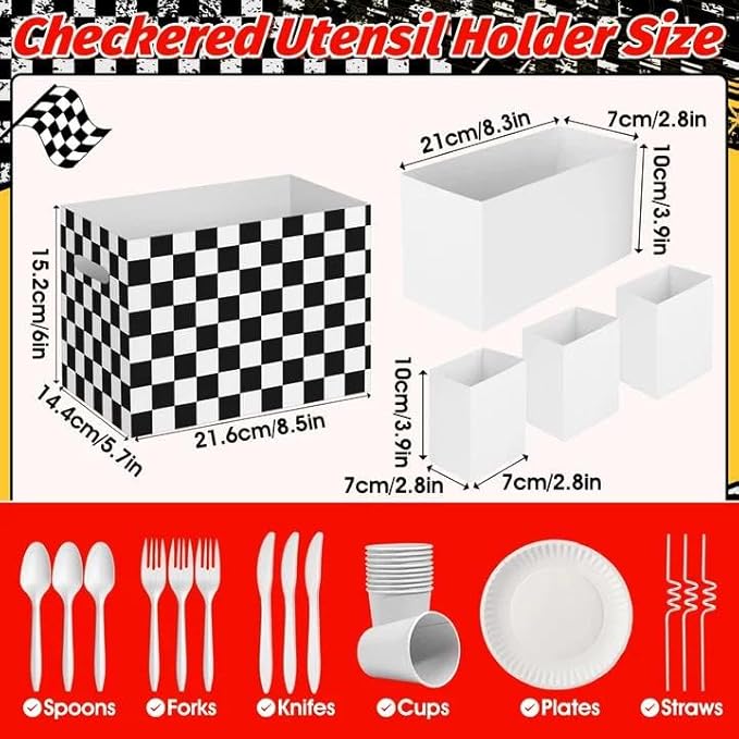 2PCS Black and White Checkered Utensil Holder Paper Utensil Caddy for Checkered Birthday Decorations Race Car Party Favors Disposable Cutlery Holder with Handles for Birthday Party Supplies