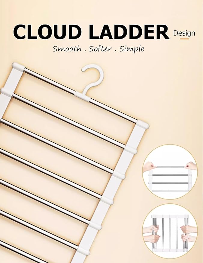 SEVEN LUCKY LIGHT 6 Tier Pants Hangers Space Saving up to 80%, 3 Packs Cloud Ladder Vertical Hangers for Pants, Leggings, Organizers for Apartment & Small Wardrobe Storage, Dorm Room Essentials