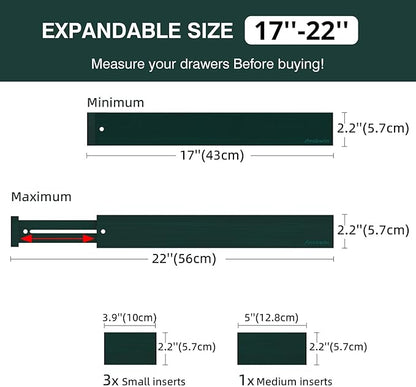 ANTOWIN Expandable Bamboo Drawer Dividers Organizers, Drawer Separators Splitter,17-22 inches Long Adjustable Spring-loaded Organizer for Large Utensil, Clothes, Tools(Dark Green)