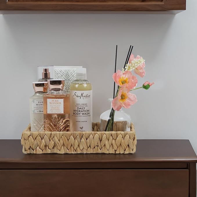 Bathroom Tray, 11 Inch Water Hyacinth Vanity Tray with Handle, Small Wicker Basket for Bathroom Toilet Tank Countertop, Wicker Bathroom Trays for Counter Decor