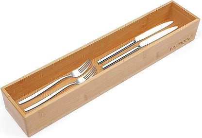 PRATIQUE Bamboo Drawer Organizer,Kitchen Utensil Organizer Silverware Tray,Cutlery Holder, Wood Storage Box for Flatware, Makeup, Bathroom, Office Desk (Bamboo, 15 * 3 * 2.6)