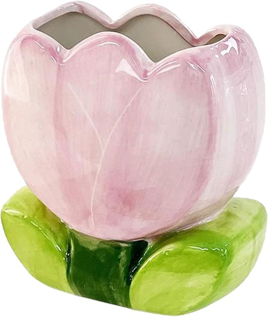 1 PC Ceramic Tulip Make up Brush Holder Flower Toothbrush Holder Cosmetic Storage Box Pen and Pencil Holder Desktop Organizers (Purple)
