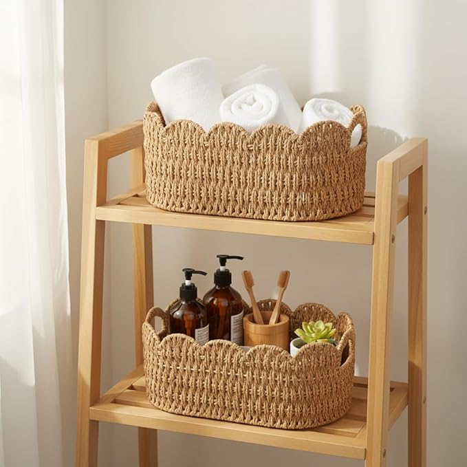 Coeusy Paper Rope Scalloped Basket Set of 2,Woven Storage Baskets for Shelves,Laundry,Towels,Clothes,Books,Toys,Cute Decor Baskets for Organizing,Natural Color