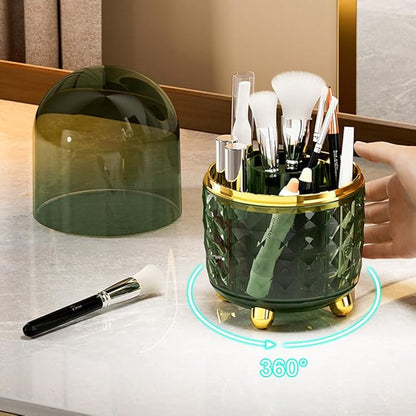 Makeup Brush Holder with Dustproof Lid, 360° Rotating Makeup Organizer, Spinning Cosmetic Organizer Pen Holder for Vanity Bathroom (Dark Green)