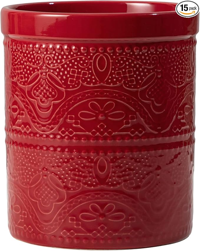 FUN ELEMENTS Kitchen Utensil Holder, 7.2" Super Large Utensil Crock Heavy and Stable Lace Emboss Ceramic Utensil Holder for Kitchen Counter (Christmas Red)
