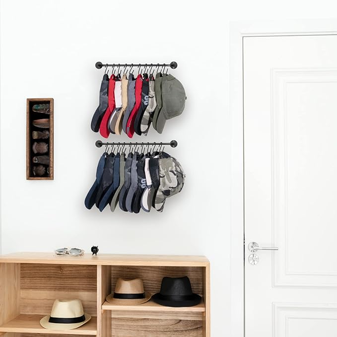 Mkono Hat Rack for Wall Baseball Cap Organizer Hanger with 20 Hooks Modern Metal Hat Holder Wall-Mounted Caps Display for Closet Door Bedroom Entryroom Laundry, Set of 2 Black