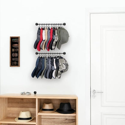 Mkono Hat Rack for Wall Baseball Cap Organizer Hanger with 20 Hooks Modern Metal Hat Holder Wall-Mounted Caps Display for Closet Door Bedroom Entryroom Laundry, Set of 2 Black