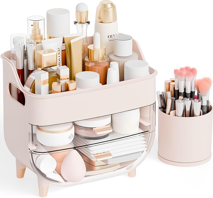 Yieach Pink Make up Organizer for Countertop,Vanity,Large Capacity Bathroom Makeup Skincare Organizers With Brush Holder,Makeup Storage Organizer for Lotion,Beauty Products,Skin Care,Makeup Display