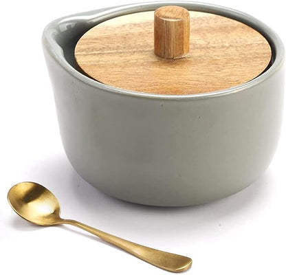 everous Salt Box base grey color Salt Cellar Elegant Design salt Boxes Big Capacity Wood lid grey Ceramic Base with spoon salt pot