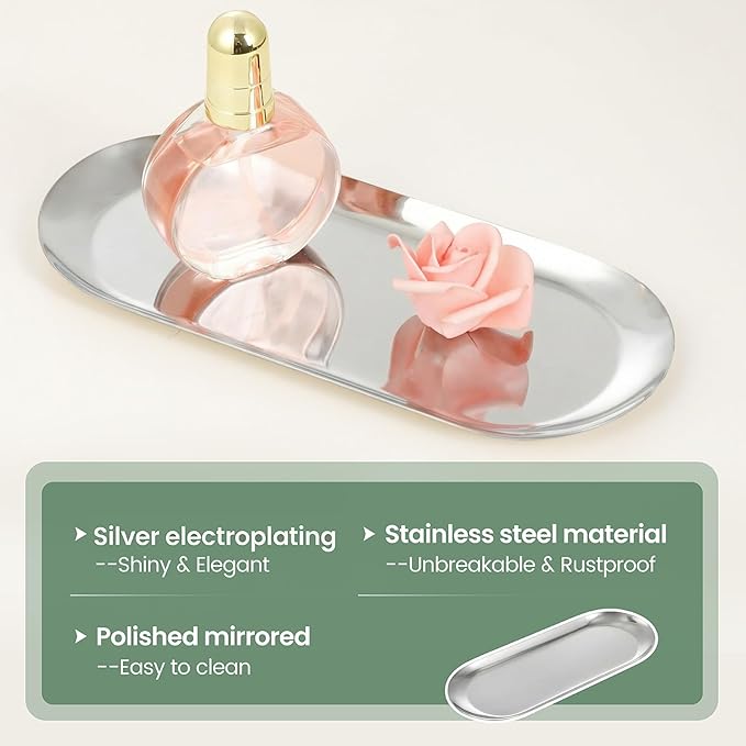 2PACK Silver Decorative Tray, Bathroom Vanity Tray for Dresser Counter, Stainless Steel Jewelry Dish Tray for Decor, Perfume Ring Key Candle Organizer Tray, Oval