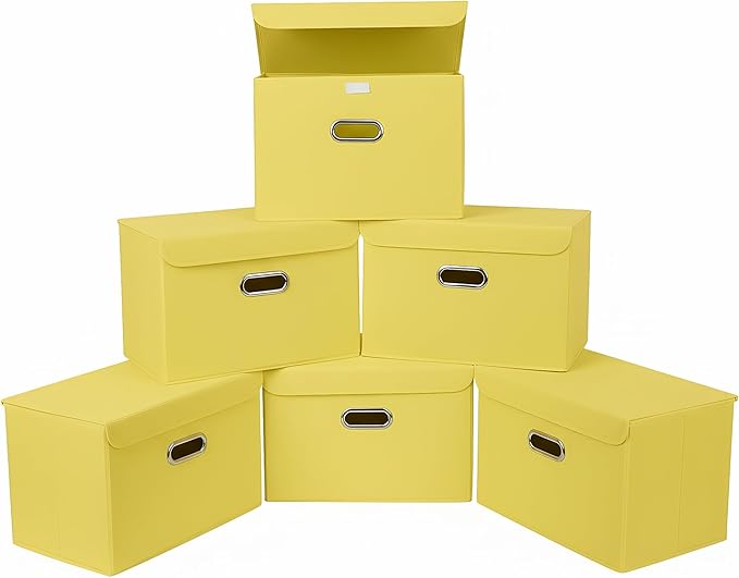 STOREONE Fabric Storage Cube Bins Foldable Organizer Container Collapsible Basket with Lids and Metal Handles, for Home, Bedroom, Closet 6 Pcs (multicolour-yellow)