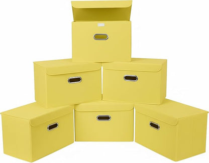 STOREONE Fabric Storage Cube Bins Foldable Organizer Container Collapsible Basket with Lids and Metal Handles, for Home, Bedroom, Closet 6 Pcs (multicolour-yellow)