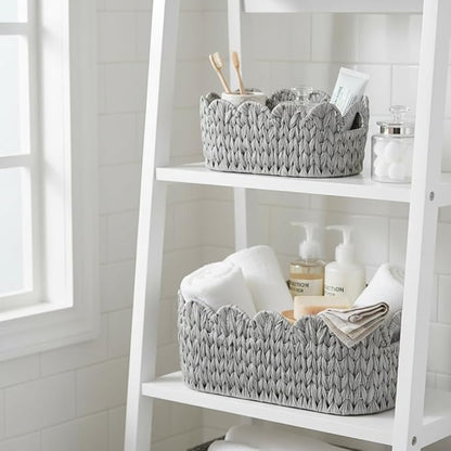 Coeusy Wicker Scalloped Basket Set of 2,Woven Storage Baskets for Shelves,Closet,Laundry,Gift,Towels,Books,Toys,Waterproof Cute Decor Basket for Organizing,Grey