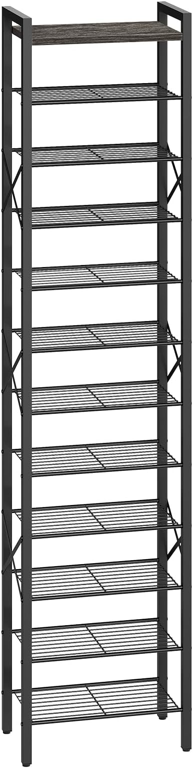 YATINEY 12-Tier Narrow Shoe Rack, Tall Shoe Rack for 12-24 Pairs, Slim Shoe Storage Organizer with Wooden Top, Space Saving, Metal Frame, for Entryway, Charcoal and Black SS61BC