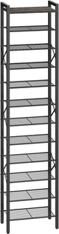YATINEY 12-Tier Narrow Shoe Rack, Tall Shoe Rack for 12-24 Pairs, Slim Shoe Storage Organizer with Wooden Top, Space Saving, Metal Frame, for Entryway, Charcoal and Black SS61BC