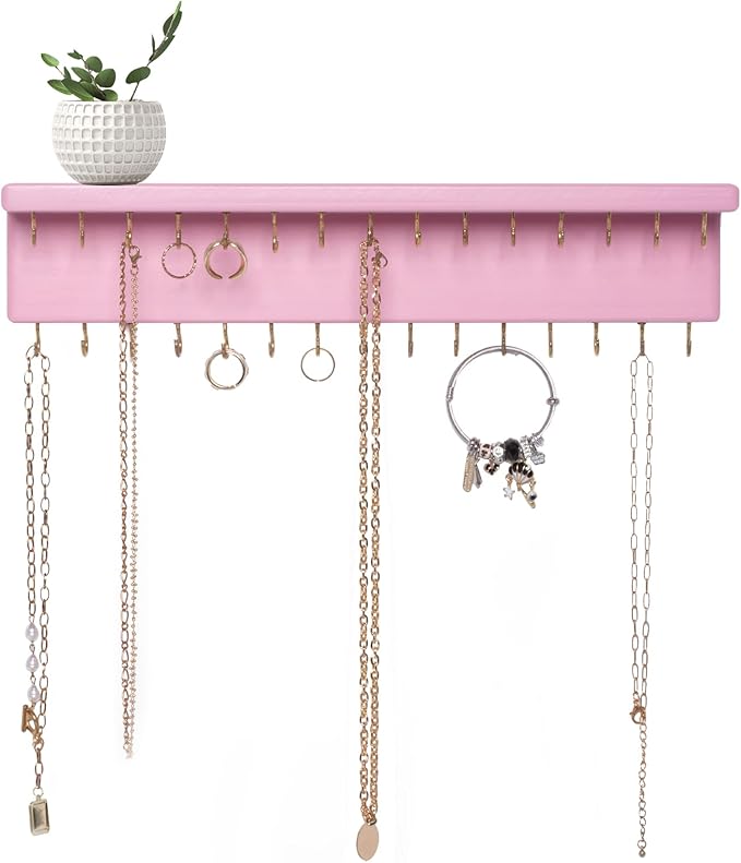 SANY DAYO HOME Pink Necklace Holder Jewelry Organizer with 30 Hooks, 15 x 3 x 4 inches Wall Mount Rustic Pine Wood Shelf for Necklace, Hair Bow Storage