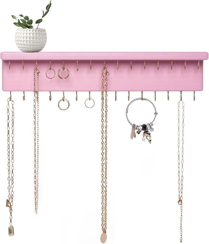 SANY DAYO HOME Pink Necklace Holder Jewelry Organizer with 30 Hooks, 15 x 3 x 4 inches Wall Mount Rustic Pine Wood Shelf for Necklace, Hair Bow Storage