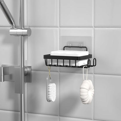 Adhesive Soap Bar Holder for Shower Wall, Self Draining Soap Dish Container Caddy Saver with 2 Hooks for Razor Loofah, Shampoo Sponge Tray Case Box for Bathroom Kitchen Sink, Black