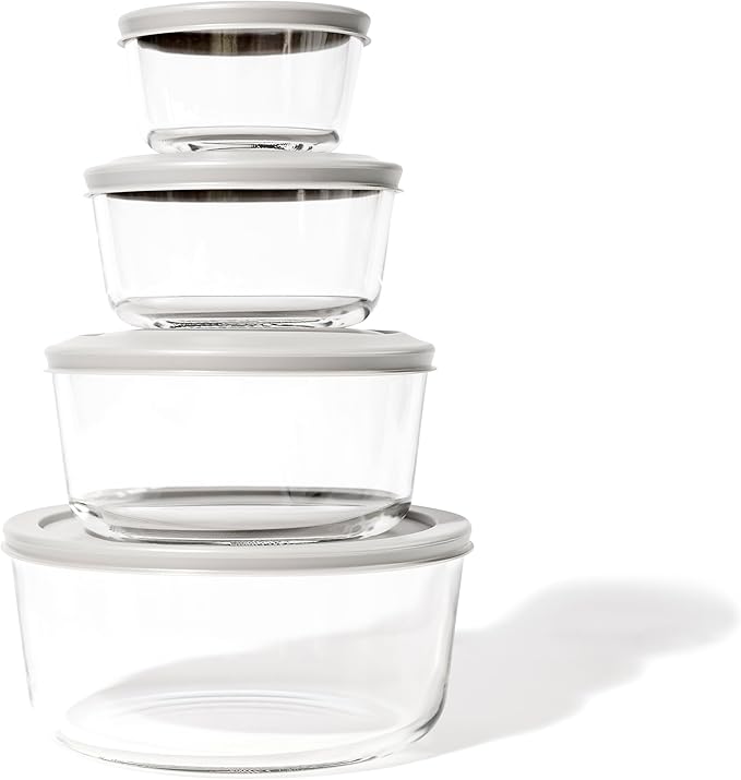 8-Piece Glass Food Storage Containers Set (4 Containers + 4 Lids) | Round, Nesting, Microwave & Dishwasher Safe | BPA-Free, Space-Saving | Grey Lids for Pantry & Kitchen Organization, Grey