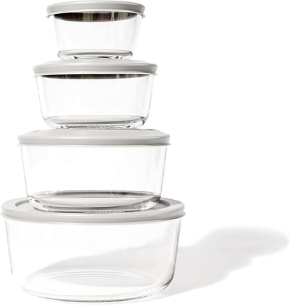 8-Piece Glass Food Storage Containers Set (4 Containers + 4 Lids) | Round, Nesting, Microwave & Dishwasher Safe | BPA-Free, Space-Saving | Grey Lids for Pantry & Kitchen Organization, Grey