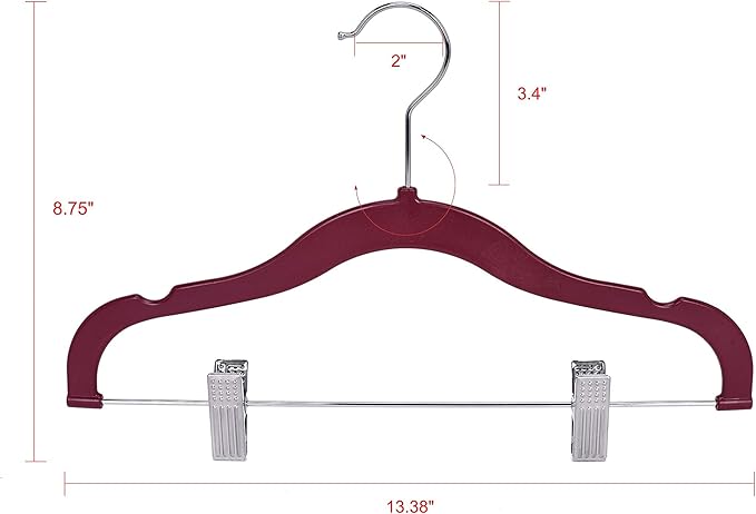 30+10 Quality Kids Children's Plastic Non Velvet Non-Flocked Thin Compact Shirt and Skirt/Pant Bundle Coat Hangers with Metal Clips for Skirts Pants Blouses 360° Swivel Hook, Jacket, Raspberry