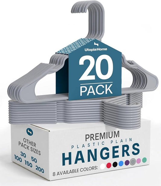 Utopia Home - Plastic Hangers 20 Pack - Space Saving Clothes Hanger - Durable and Strong Closet Organizers and Storage Makes It Ideal Stocking Stuffers or Apartment or Dorm Room Essentials (Grey)