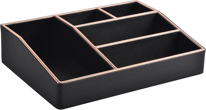PU Leather Makeup Organizer Tray,Large Vanity Organizer,Cosmetic Storage Box for Lipstick Brushes Skincare Perfume,Cosmetic Display Case Rose Gold-trimmed for Dresser,Bathroom Countertop(Black)