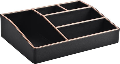PU Leather Makeup Organizer Tray,Large Vanity Organizer,Cosmetic Storage Box for Lipstick Brushes Skincare Perfume,Cosmetic Display Case Rose Gold-trimmed for Dresser,Bathroom Countertop(Black)