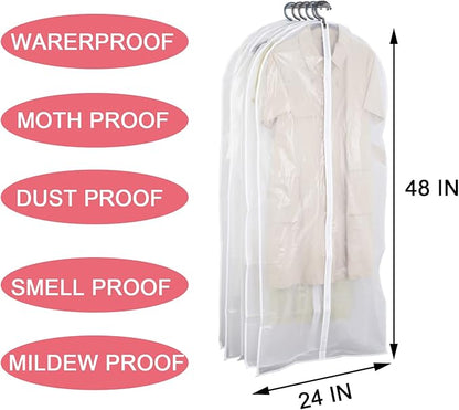 Clear Garment Bags with Full Zipper Lightweight Foldable Dust Proof Breathable Extra Wide Travel Suit Bags for Hanging Clothes Closet Storage, 24''x48'' / 6 Pack