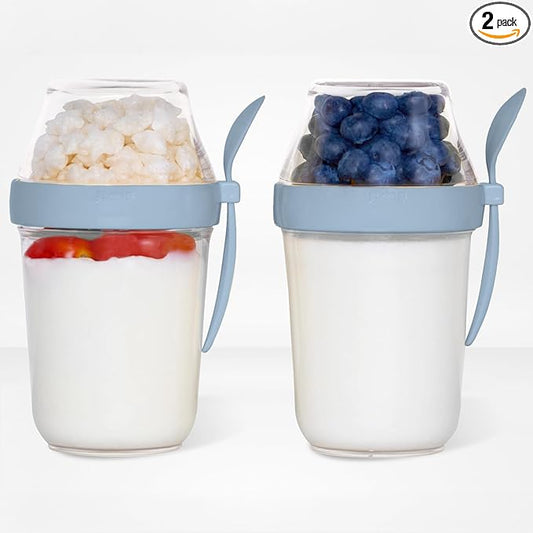 Felli On the Go Yogurt Parfait Snack Cup with Lid 100% Leak Proof, Reusable Travel Container with Spoon + Fruit & Granola Holder for To Go Cereal, Overnight Oats, Chia Pudding Jar (2, Blue Moon)