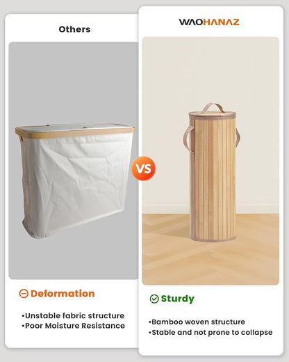 Bamboo Toilet Paper Storage Basket with Lid & Handle - 10L Handwoven Bathroom Organizer for 4 Rolls - Sturdy Stand Holder for Toilet Paper Organization, Natural