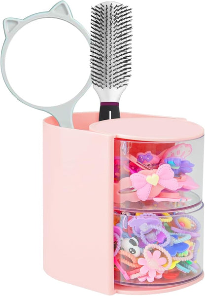 Luscinia Hair Accessories Organizer with Hair Brush Holder, Rotatable Makeup Brush and Jewelry Storage Box for Hair Clips, Earrings, Necklaces, Bracelets, Rings, and Daily Accessories (Pink, 2-Layer)