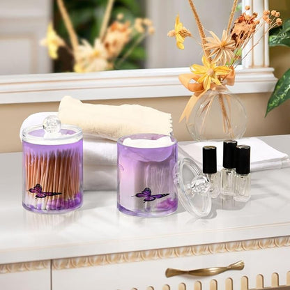 Purple Butterfly Qtip Holder 2 Pack, 14 oz Apothecary Jars Bathroom Vanity Organizer Canister for Qtips,Cotton Swabs,Cotton Balls,Cosmetic Pads,Flossers,Bath Salts