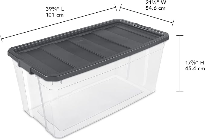 Sterilite 200 Quart Clear Plastic Modular Stacker Storage Bin Tote Container with Latching Lid, Clear Base, and Textured Sure-Grip Surface, Flat Grey