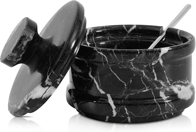 Radicaln Marble Salt Cellar with Lid 4" Inch Black Handmade Table Salt Container & Sugar Bowl For Kitchen Countertop, Ideal Salt Dish & Salt Jar for Celtic Salts