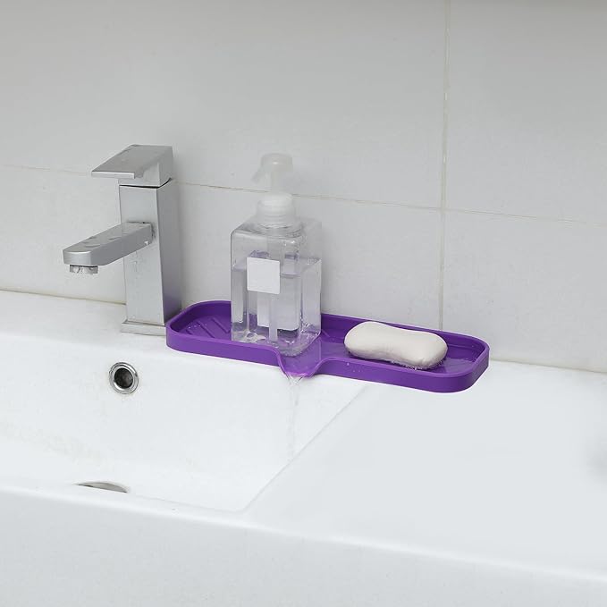 MicoYang Silicone Bathroom Soap Dishes with Drain Spout-Bathroom and Kitchen Sink Organizer,Sponge Holder,Dish Soap Tray,Perfect for Dispenser,Scrubber,Bottle,Cup on Sink or Counter-Purple 12"×4"