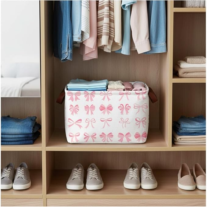 Pink Bow Decor Storage Basket Waterproof Canvas Toy Storage Bin Coquette Room Decor Collapsible Outdoor Basket with Leather Handles Pink Blanket Baskets For Closets,Bedrooms,Gifts Baskets