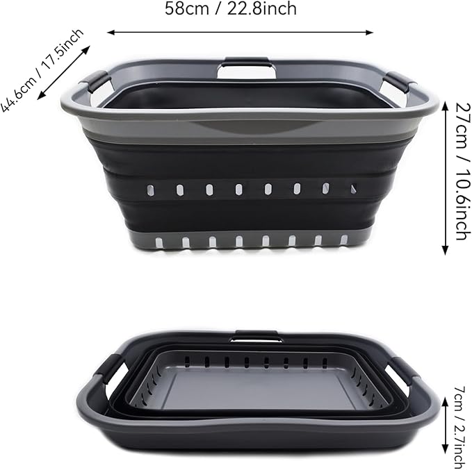 SAMMART 42L Collapsible Plastic Laundry Basket - Foldable Pop Up Storage Container/Organizer - Space Saving Hamper/Basket (1, Grey/Black)