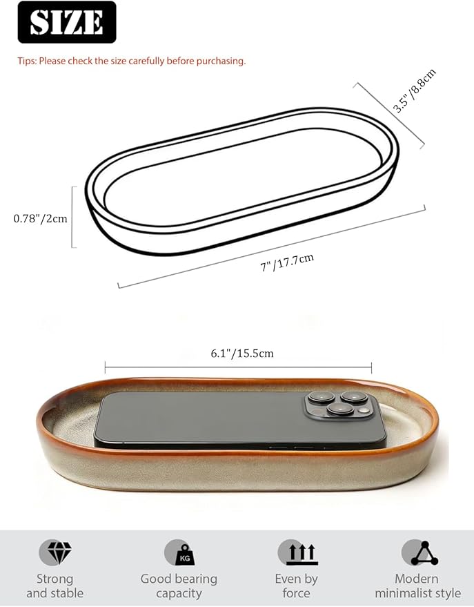 Reactive Glaze Ceramic Bathroom Tray with Brown Rim, Oval Vanity Organizer Dish for Perfume, Jewelry & Soap, Unique Kiln-Fired Decorative Tray for Bathroom Countertop, Dresser, Coffee Bar
