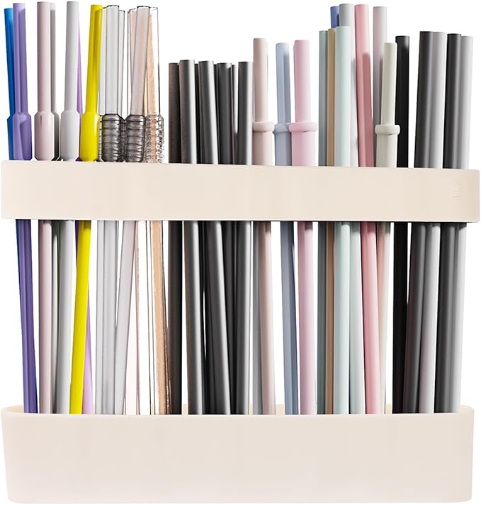 Strong Adhesive Backing Straw Storage Box, Split Type Silicone Straws Dispenser Adjustable Height Straw Holder for Cabinet (White)