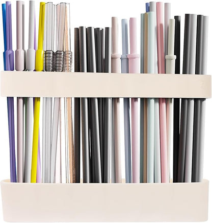 Strong Adhesive Backing Straw Storage Box, Split Type Silicone Straws Dispenser Adjustable Height Straw Holder for Cabinet (White)